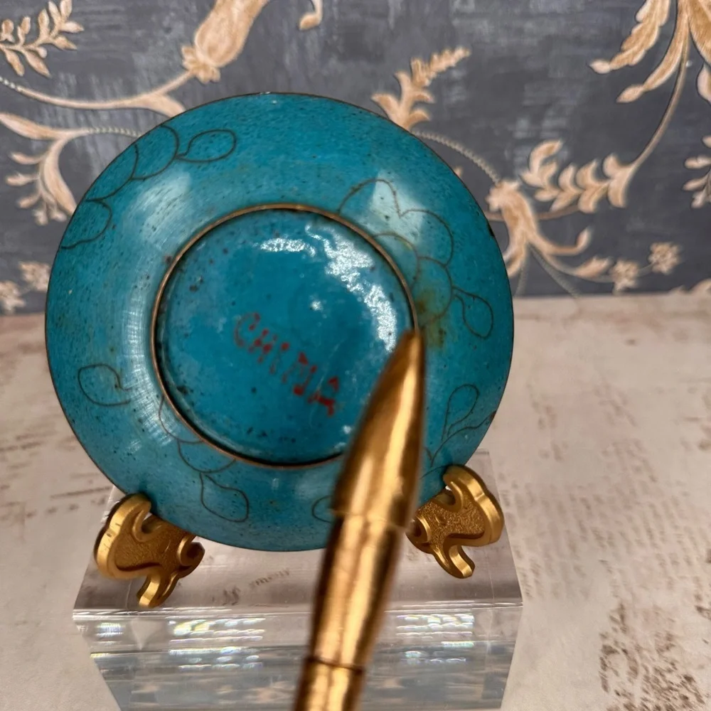 Vintage Chinese Cloisonne Brass Enamel Floral Trinket Dish Marked China